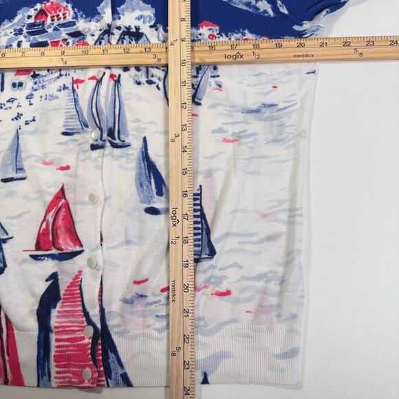 Talbots Sailboat Regatta Cardigan Sweater Cotton Knit Nautical Island Coastal M - Picture 3 of 6